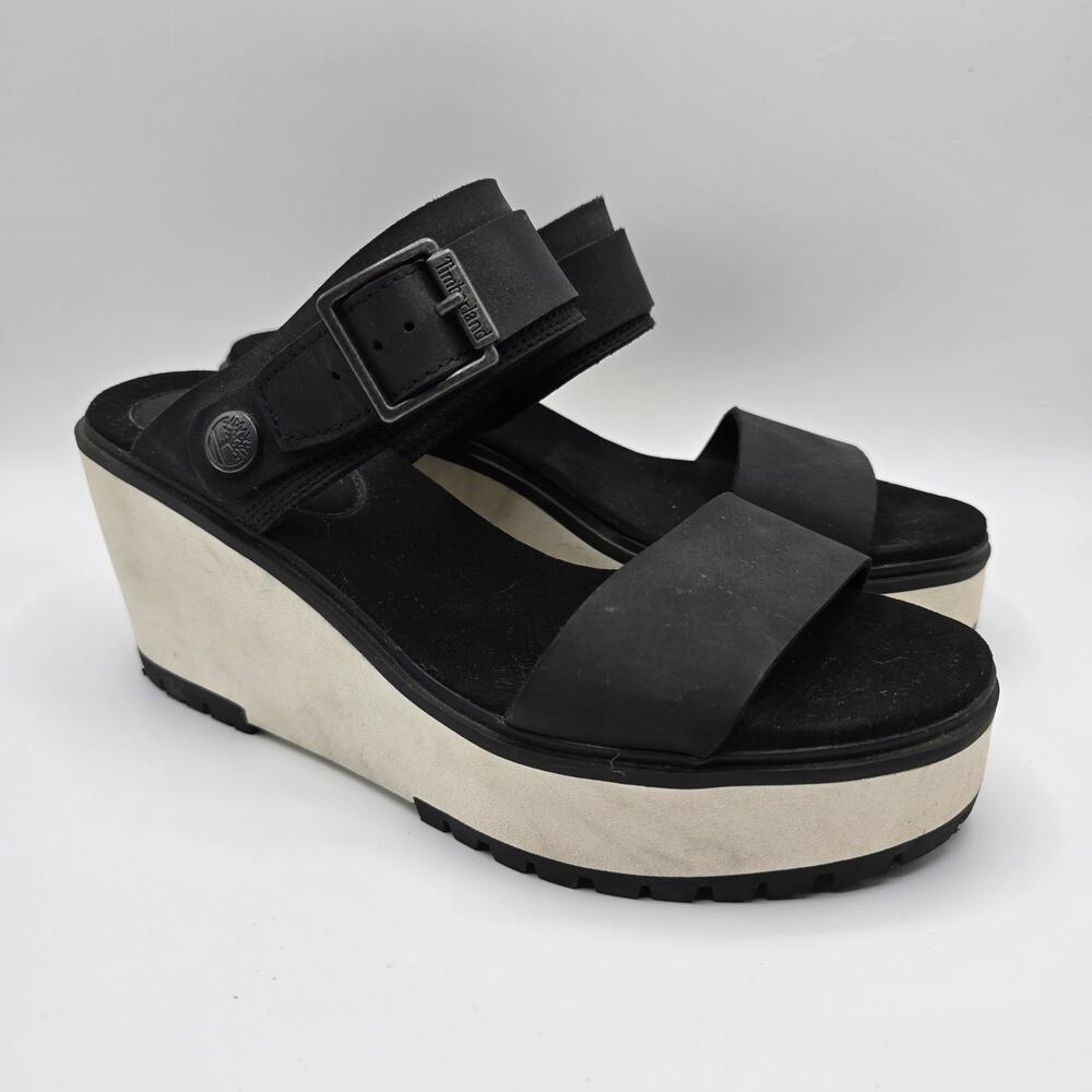 Timberland Koralyn 2 black white strappy buckle foam wedges‎ 8